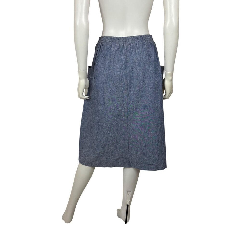 Vintage 80s Chambray Skirt Womens Small Blue Fit & Flare Button Down Hip Pockets - Picture 8 of 10